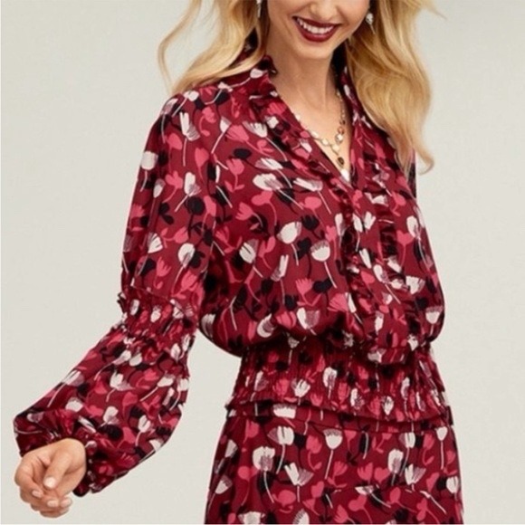 Cabi Floral Print Smocked Waist Ruffle V Neck Long Sleeve Blouse Top Medium